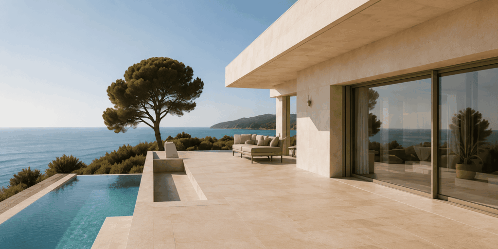Vivienda mediterránea contemporánea con vistas al mar que representa el área de Compraventas y Derecho Inmobiliario de MTM Abogados.